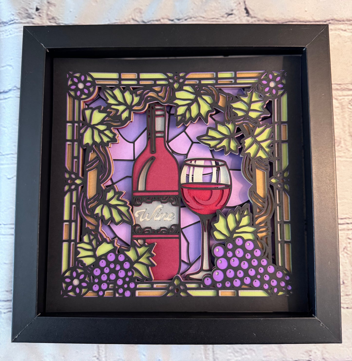 Stained glass wine 3D paper art in a shadowbox