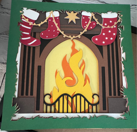 Christmas fireplace mantle 3D paper art in a shadowbox