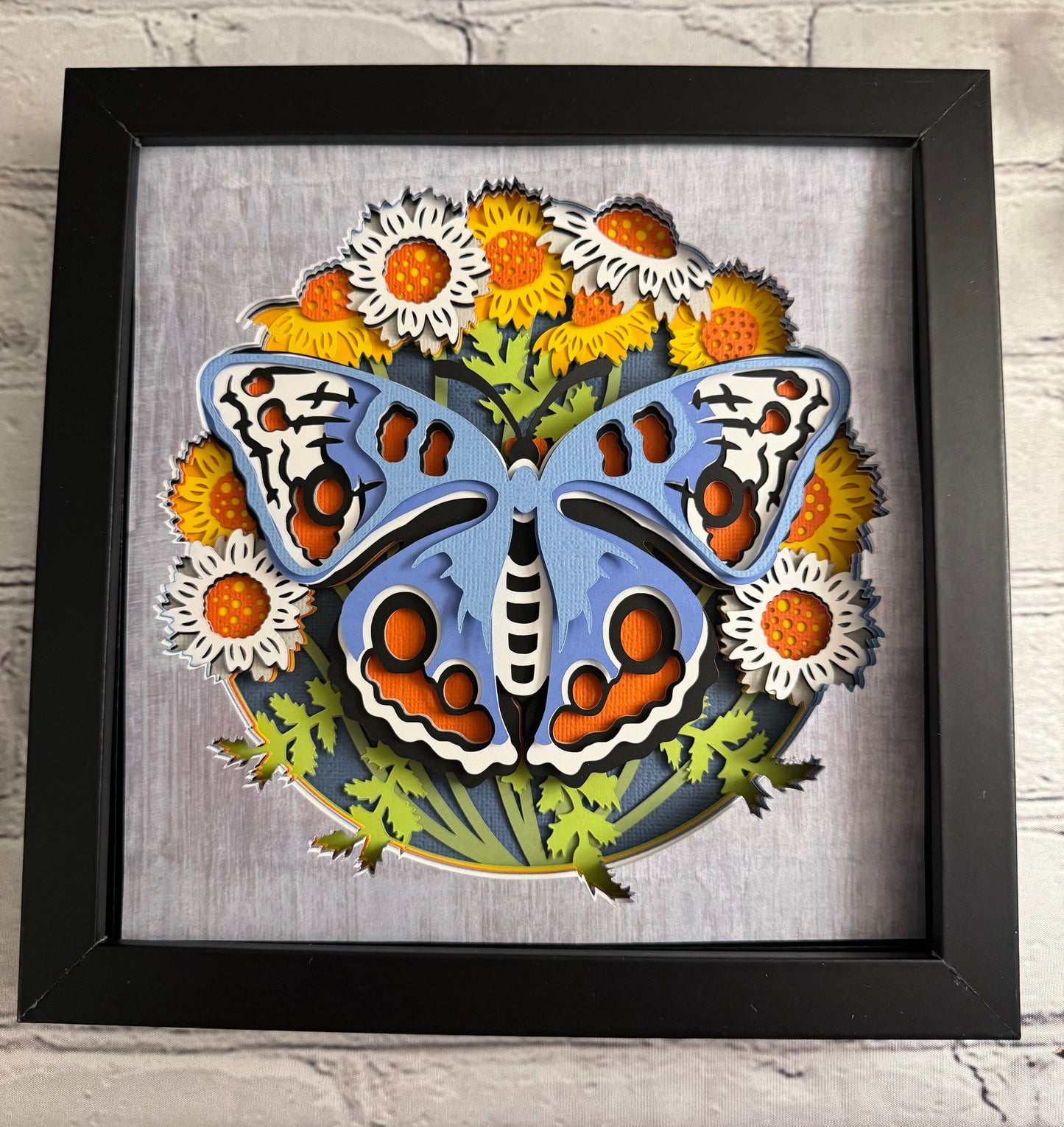 Butterfly solo scene cornflower butterfly 3D paper art in a shadowbox