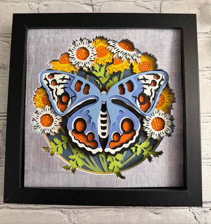 Butterfly solo scene cornflower butterfly 3D paper art in a shadowbox