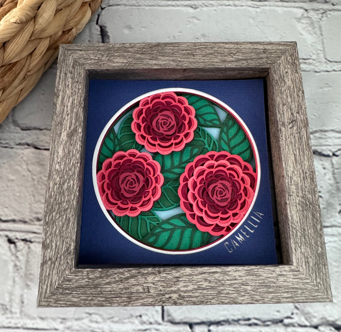 Camellia mini 3D paper art in a shadowbox