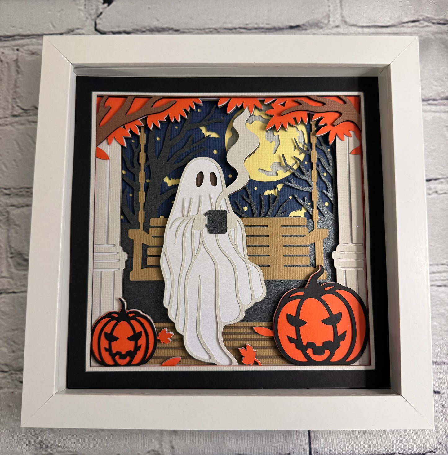 Ghost with coffee on swing 3D paper art shadowbox