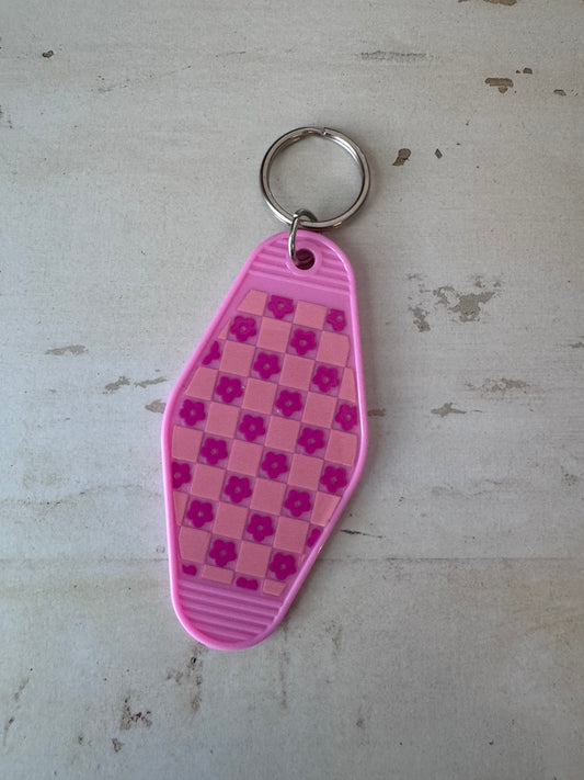 Floral checkerboard retro motel keychain