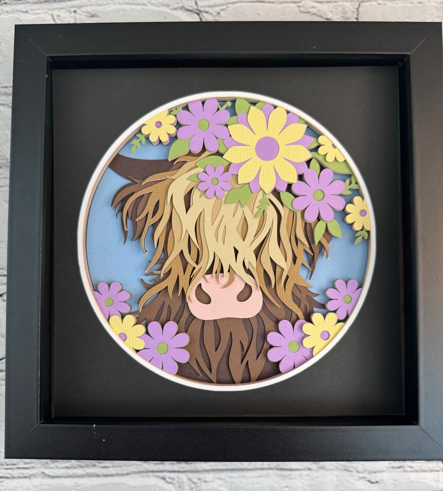 Highland cow 3D paper art in a shadowbox