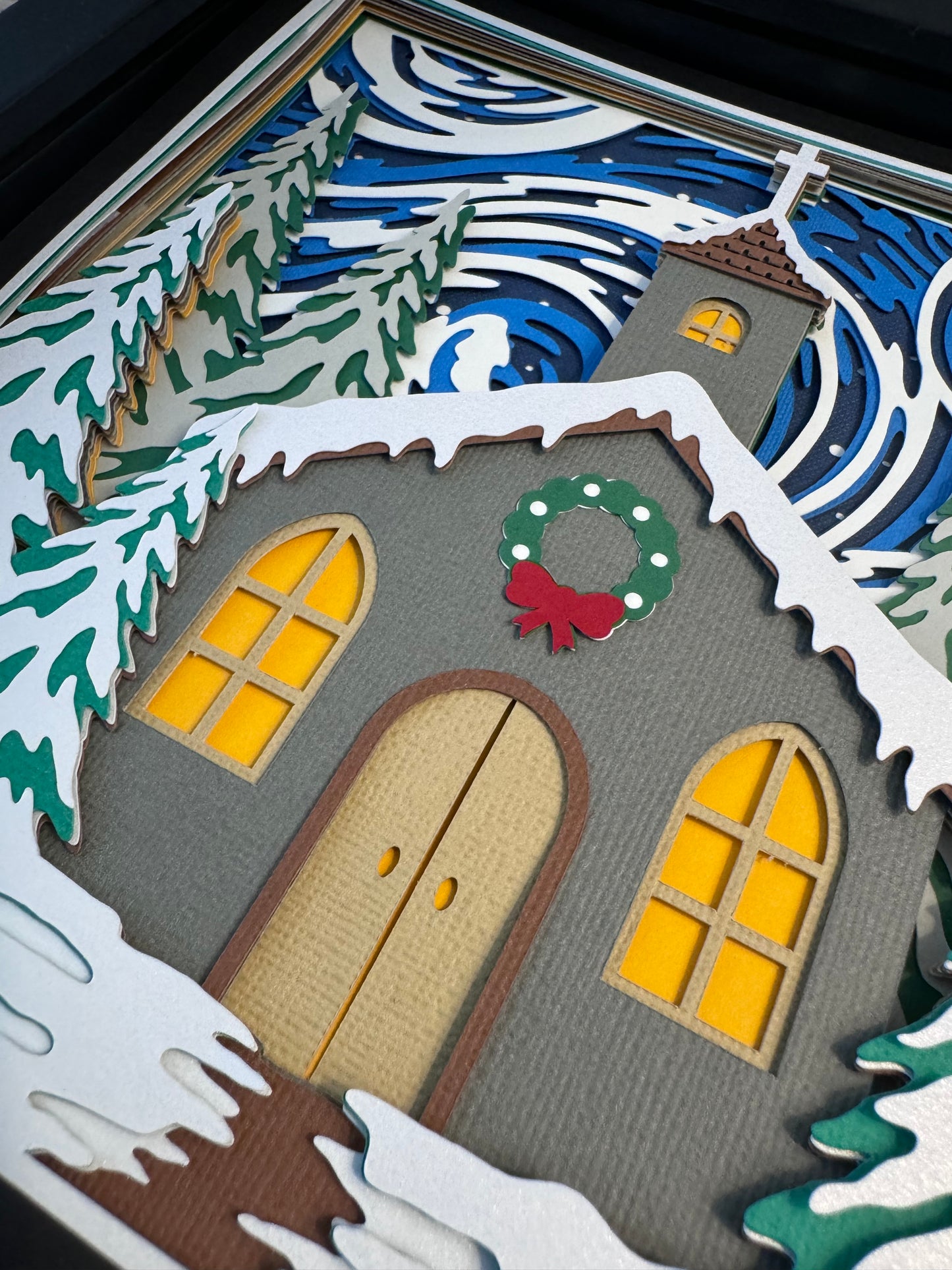 Christmas church swirly skies 3D paper art shadowbox