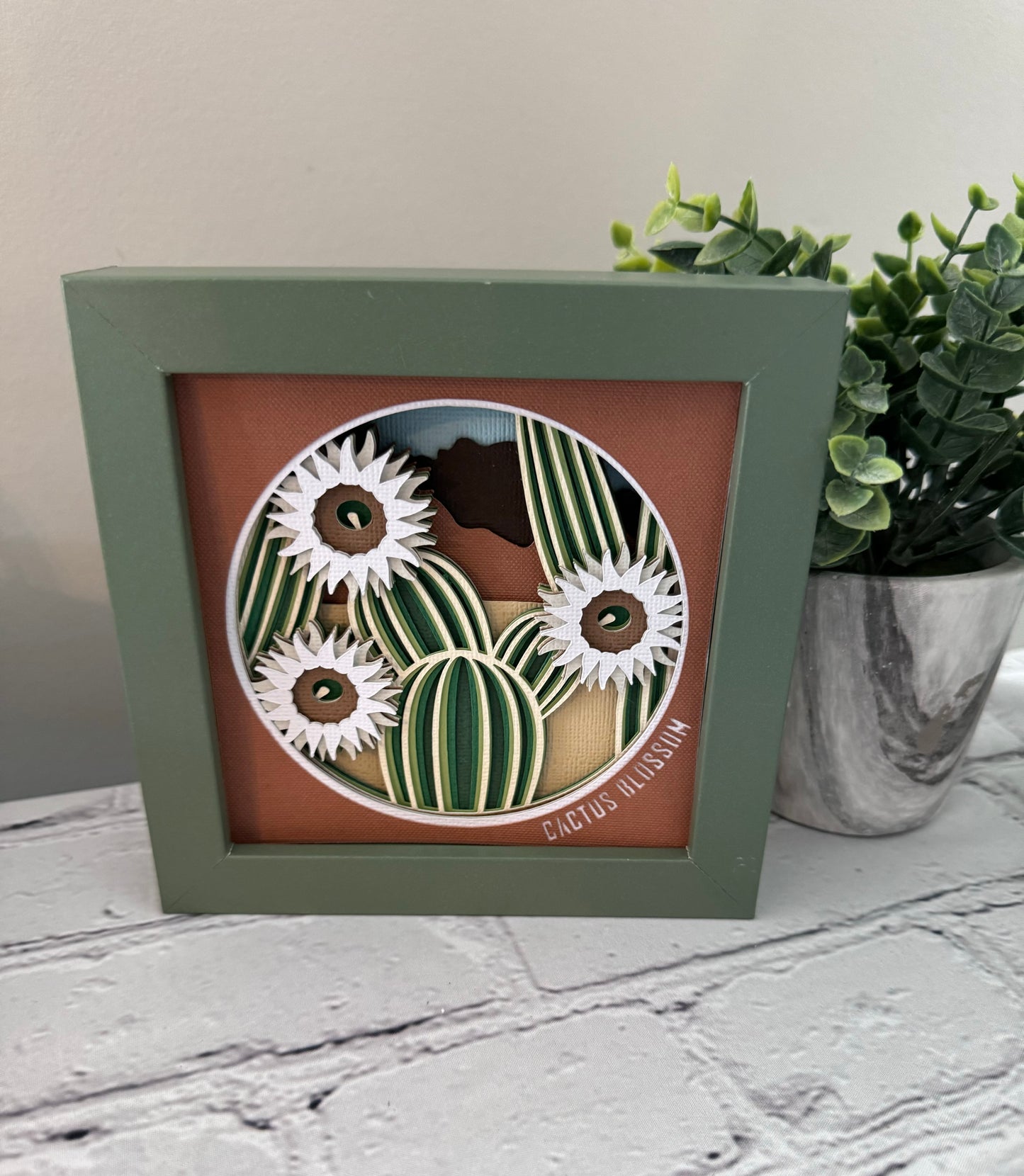 Cactus blossom mini 3D paper art in a shadowbox