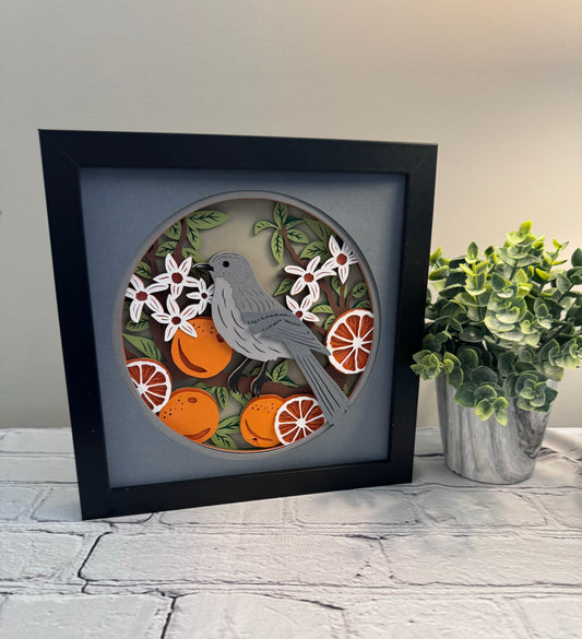 Mockingbird with oranges, Florida state bird 3D paper art in a shadowbox