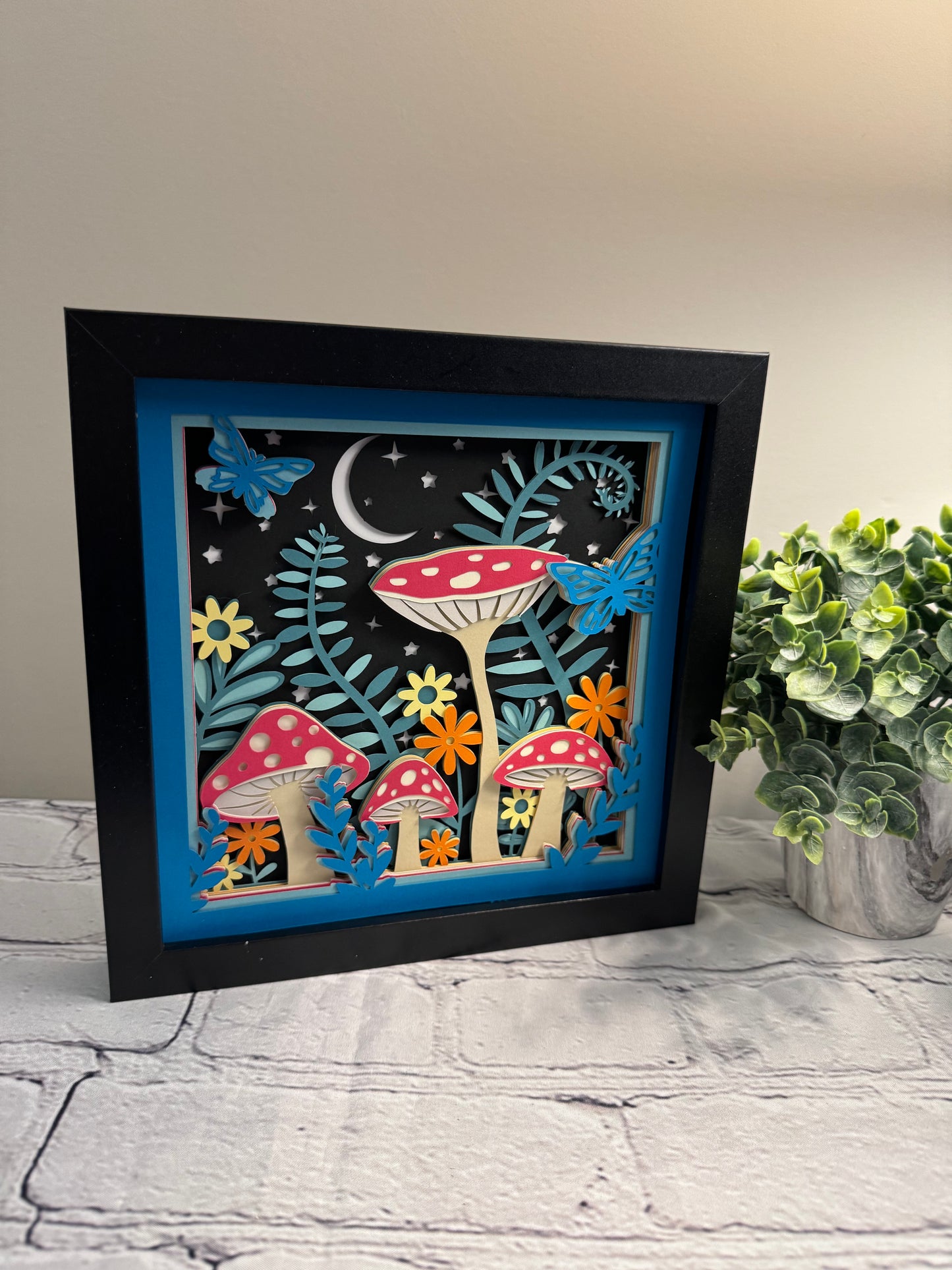 Mushroom colorful scene 3D paper art in a shadowbox