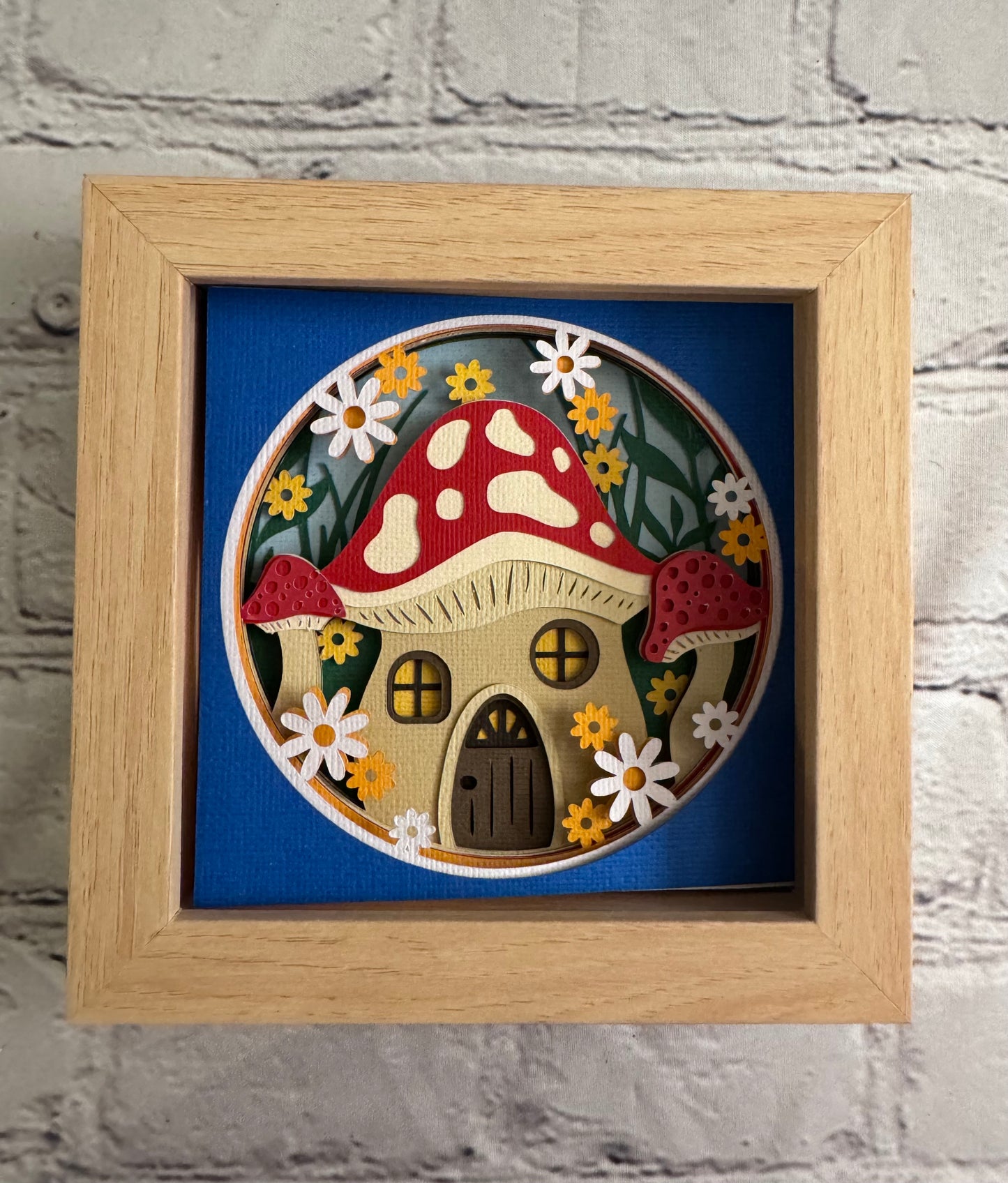 Mushroom house mini 3D paper art in a shadowbox