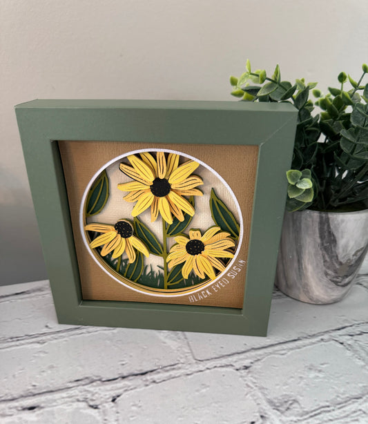 Black eyed Susan mini 3D paper art in a shadowbox