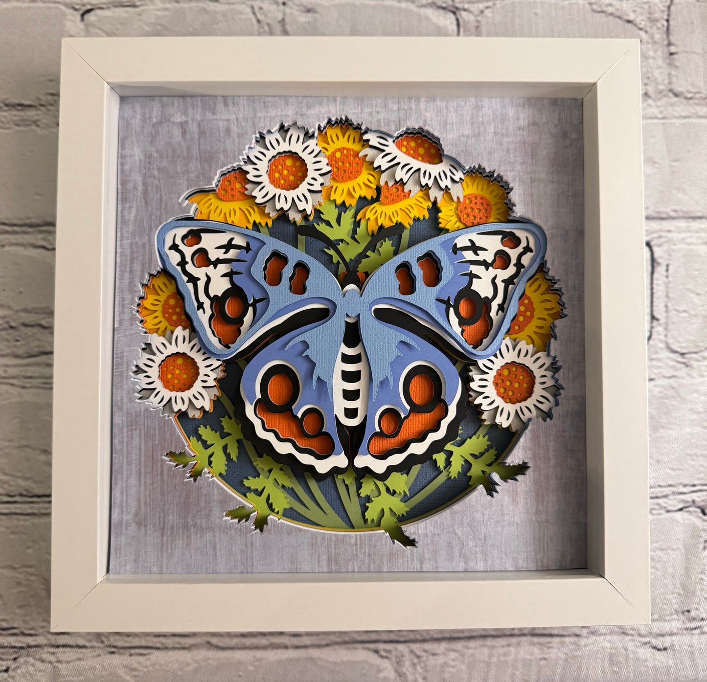 Butterfly solo scene cornflower butterfly 3D paper art in a shadowbox