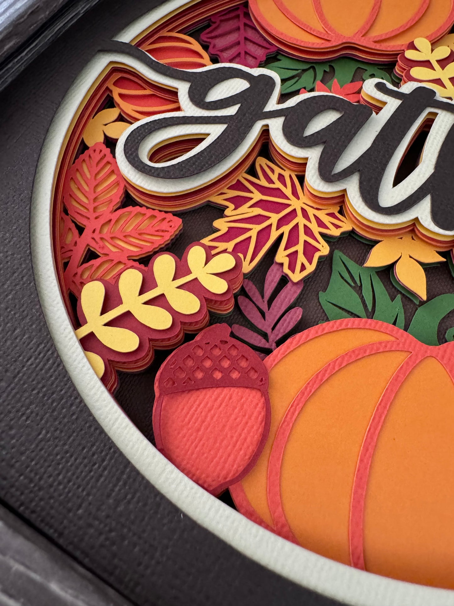 Gather fall leaves and pumpkins design 3D paper art in a shadowbox