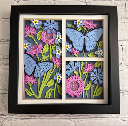 Butterfly 3 panel scene blue morpho butterfly 3D paper art in a shadowbox