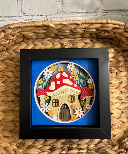 Mushroom house mini 3D paper art in a shadowbox