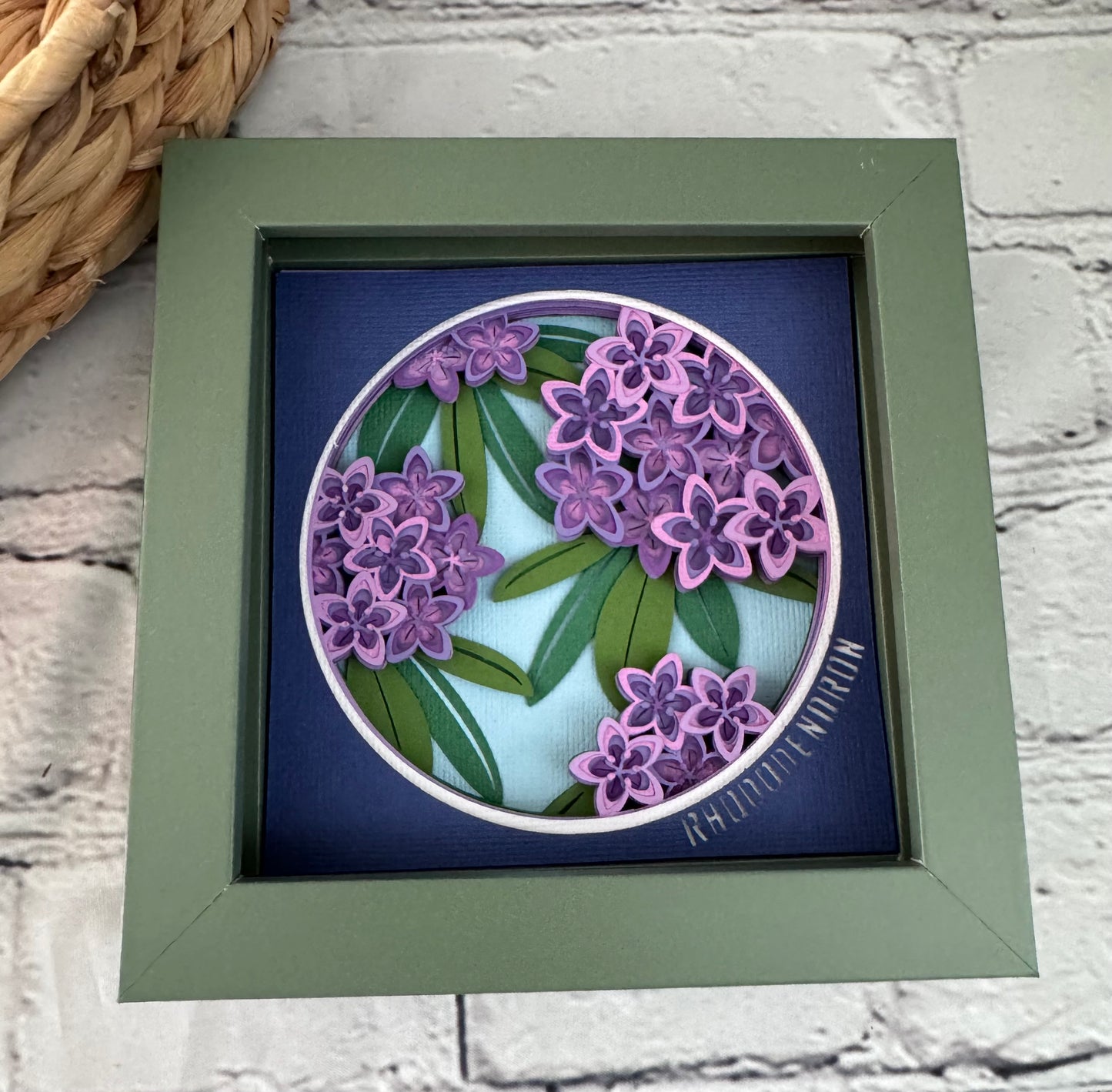 Rhododendron mini 3D paper art in a shadowbox