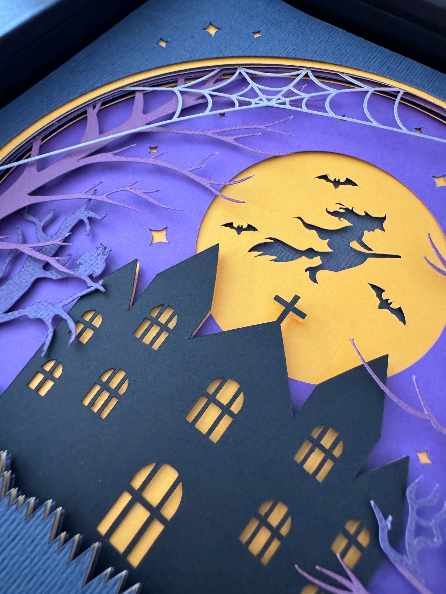 Purple hocus pocus witch flying design 3D paper art in a shadowbox