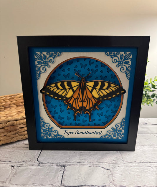 Intricate frame tiger swallowtail butterfly 3D paper art in a shadowbox