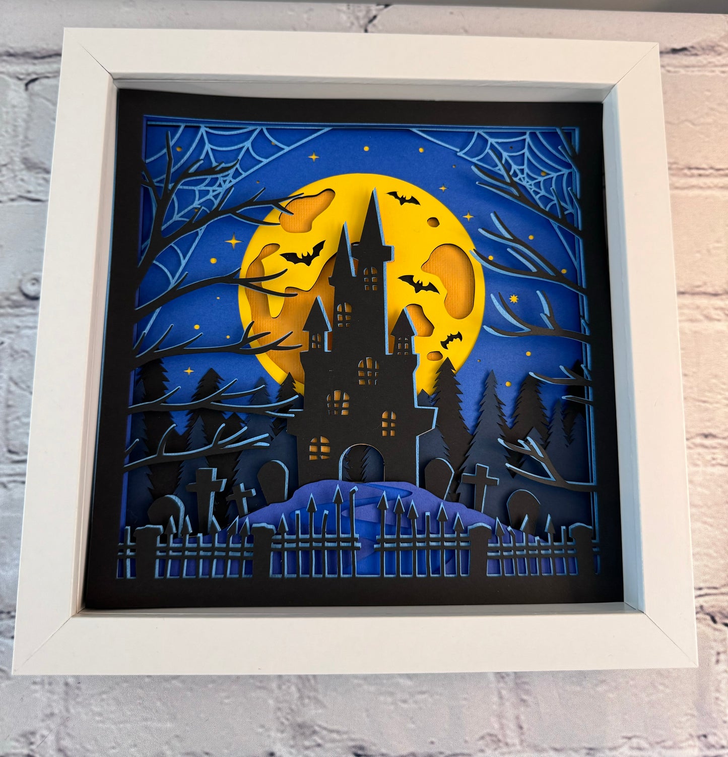 Halloween haunted house 3D paper art in a shadowbox