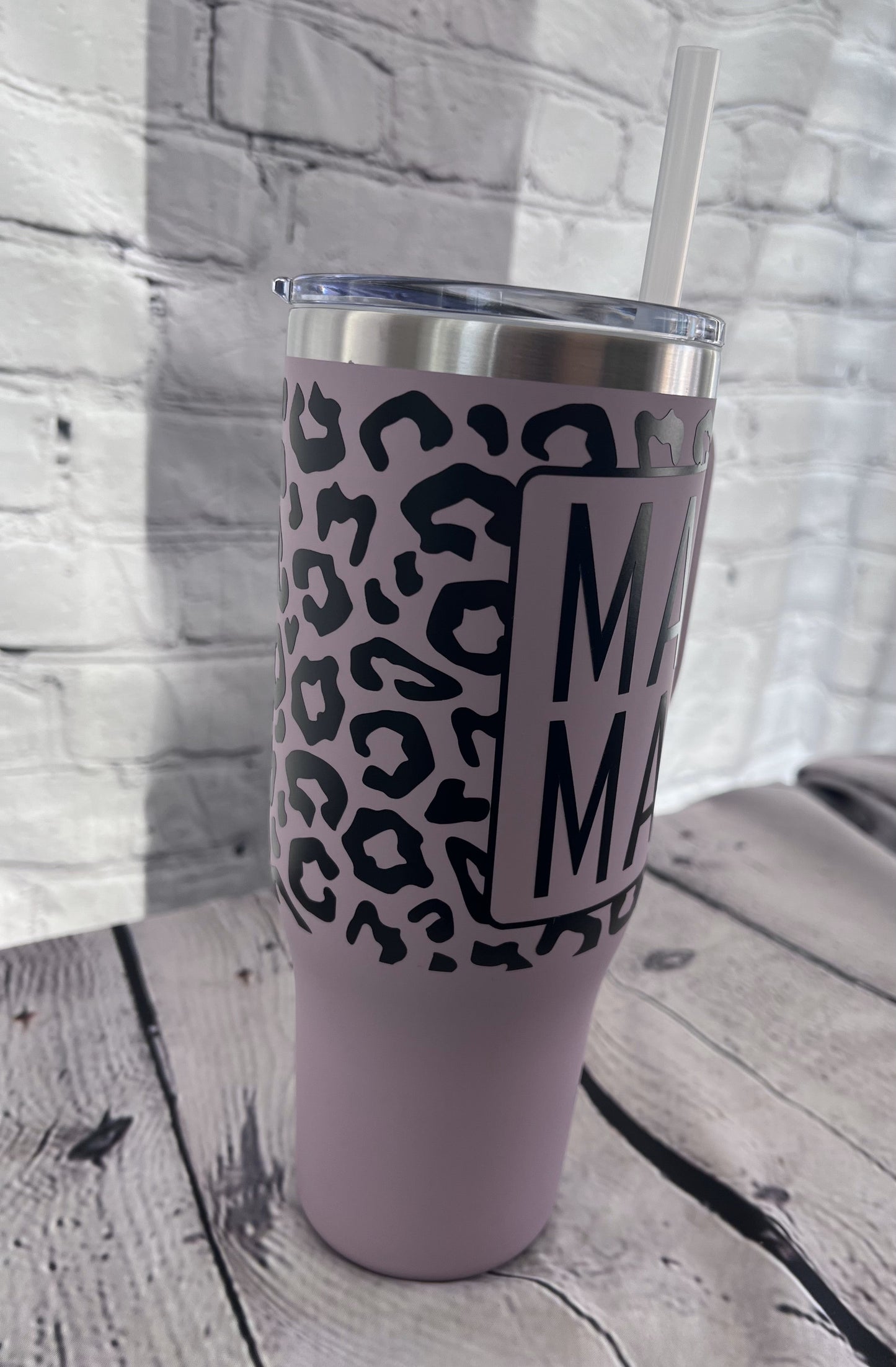 Mama leopard print 40oz handle tumbler with straw and slide lid