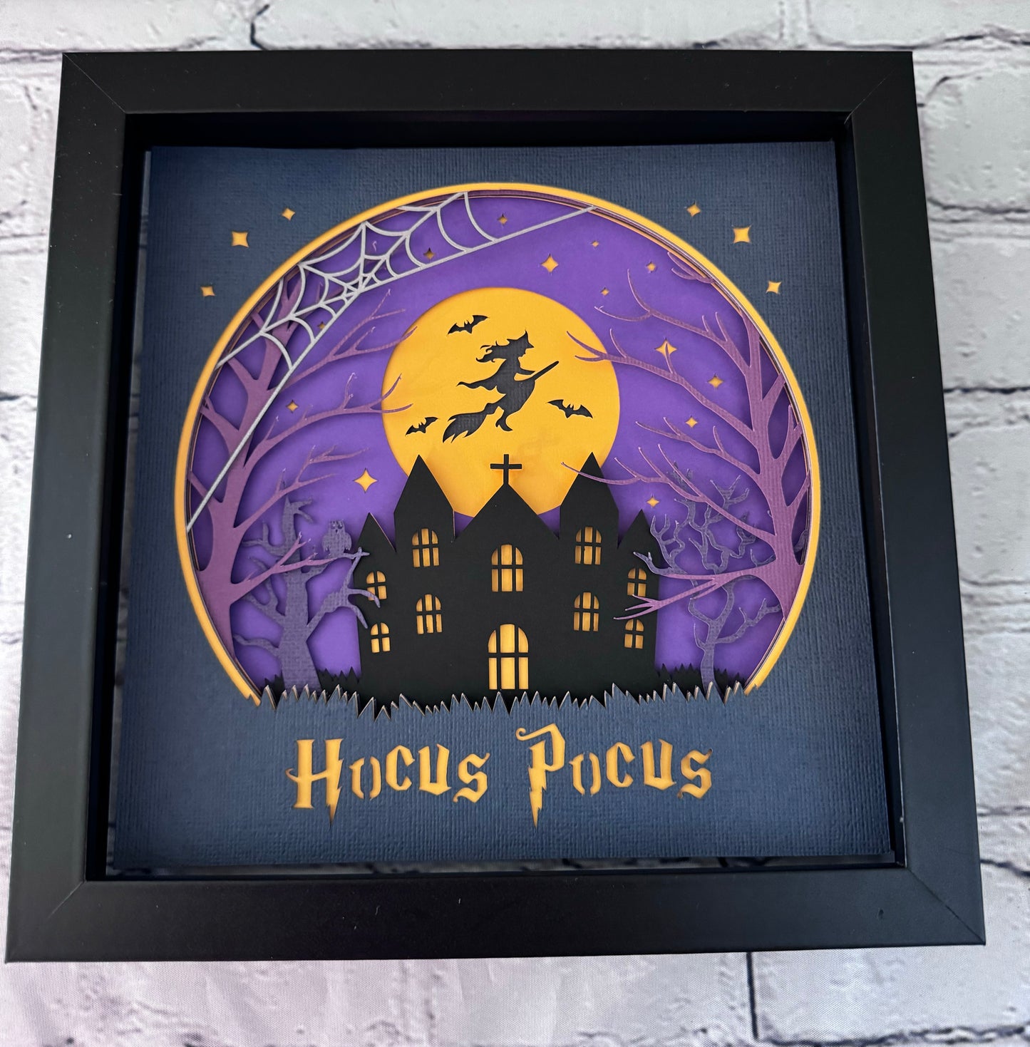 Purple hocus pocus witch flying design 3D paper art in a shadowbox