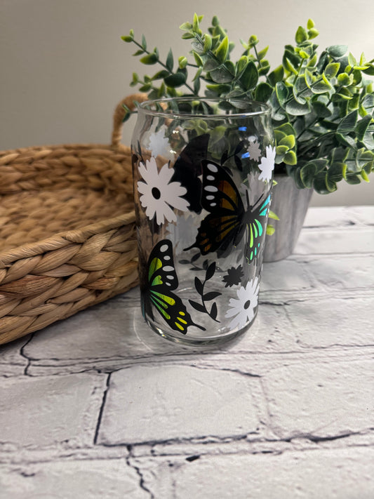 Holographic monarch butterfly beer can glass