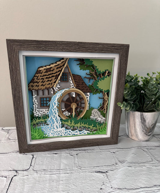 Gristmill with water wheel design 3D paper art in a shadowbox