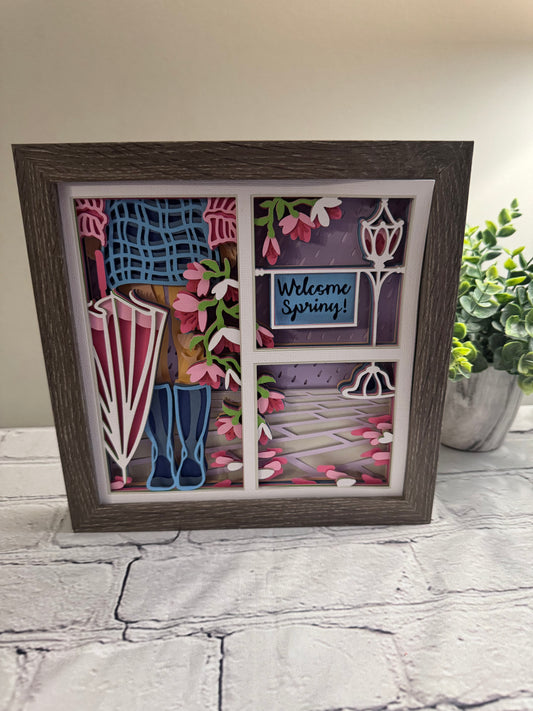 Spring girl with umbrella 3D paper art in a shadowbox