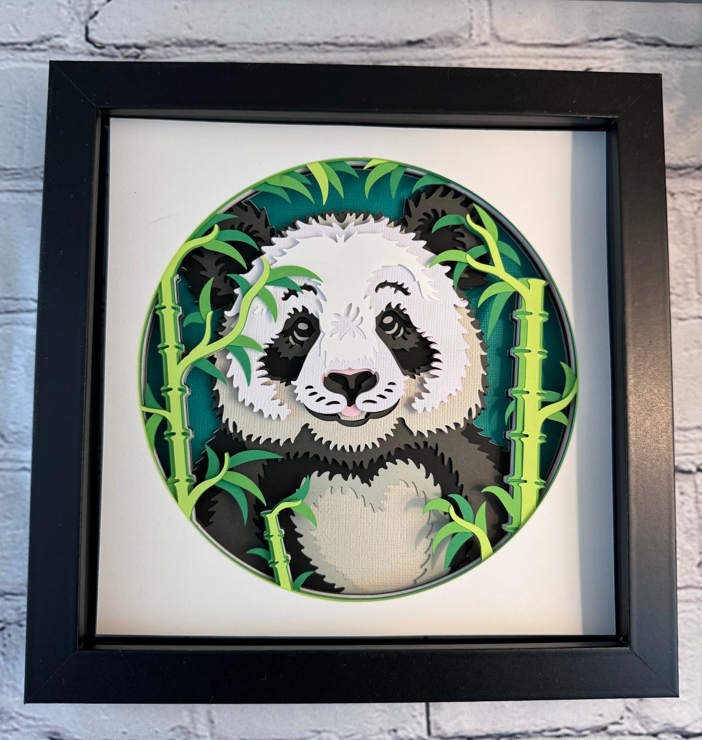 Panda with bamboo 3D paper art in a shadowbox