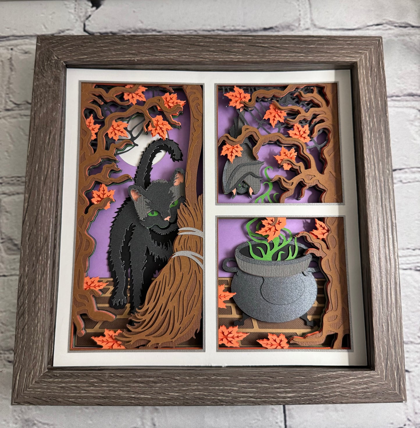 Black cat with broom and potion 3D paper art shadowbox