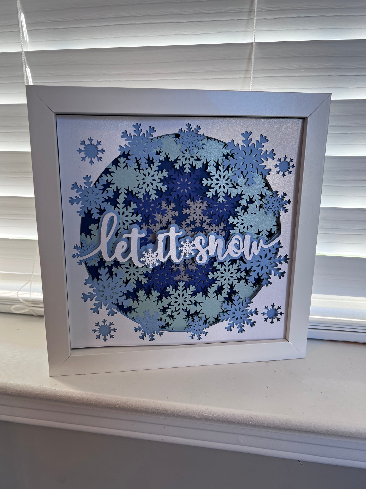 Let it snow blue snowflakes 3D paper art in a shadowbox