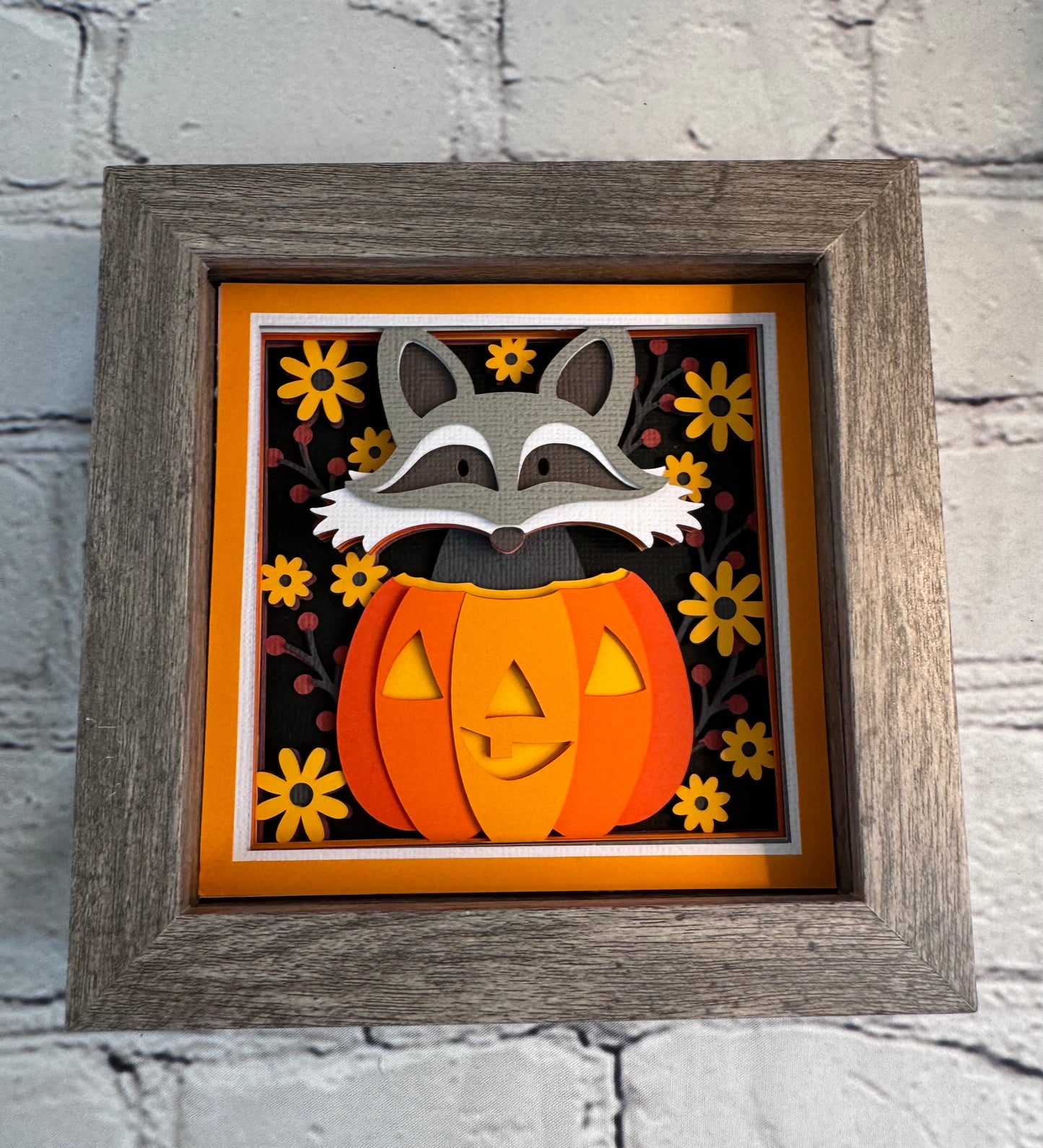 Fall raccoon in a pumpkin mini 3D paper art in a shadowbox