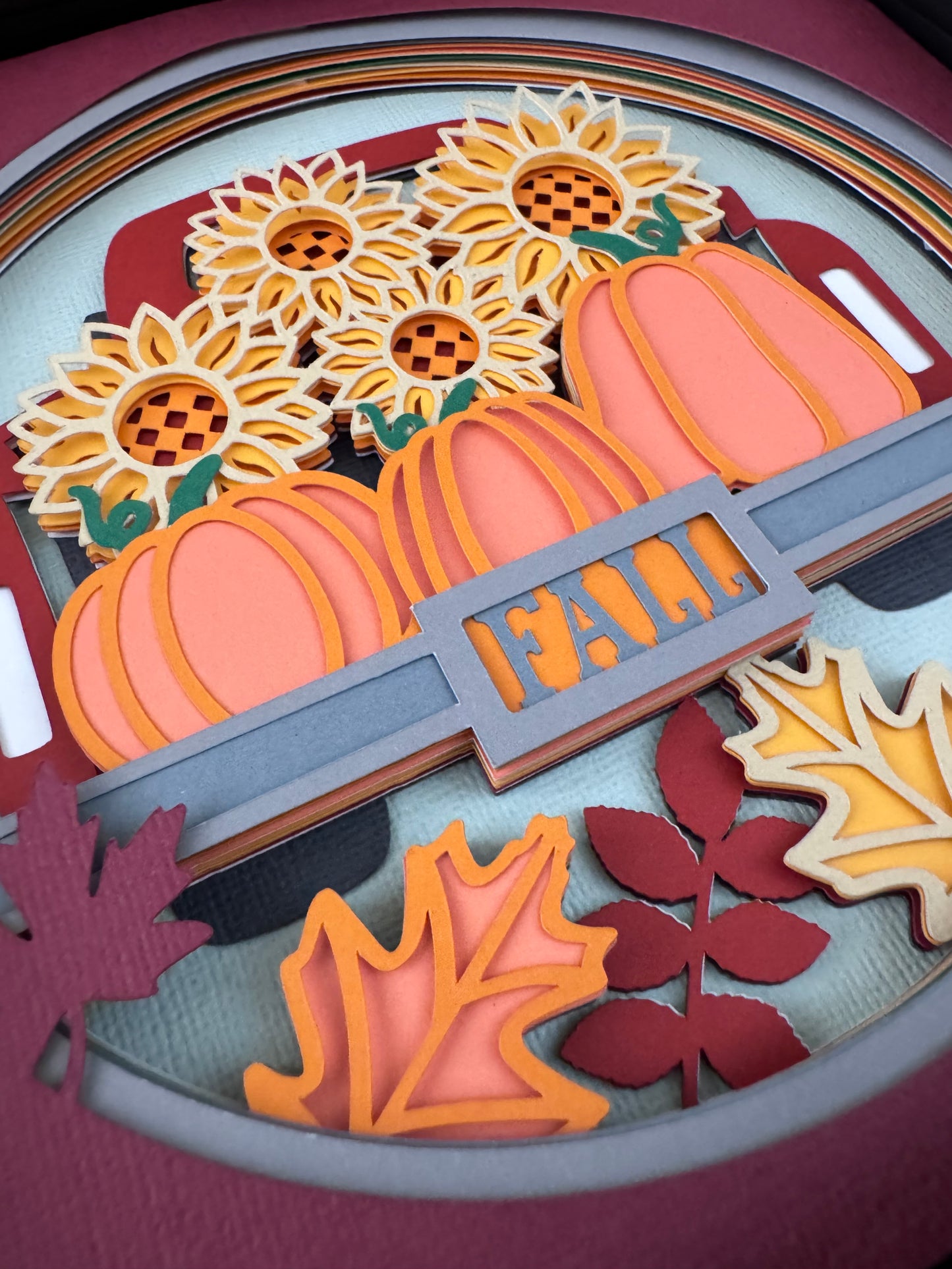 Fall truck with pumpkins and sunflowers design 3D paper art in a shadowbox