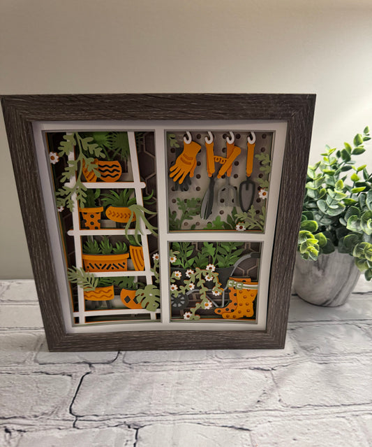 Gardening scene three panel 3D paper art in a shadowbox