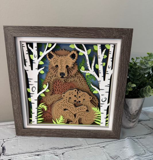 Brown bear family design 3D paper art in a shadowbox