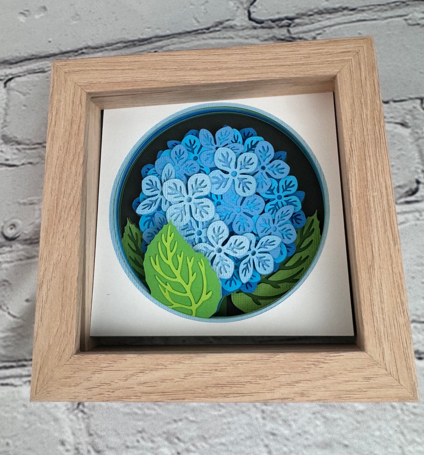 Hydrangea branch flowers mini 3D paper art in a shadowbox