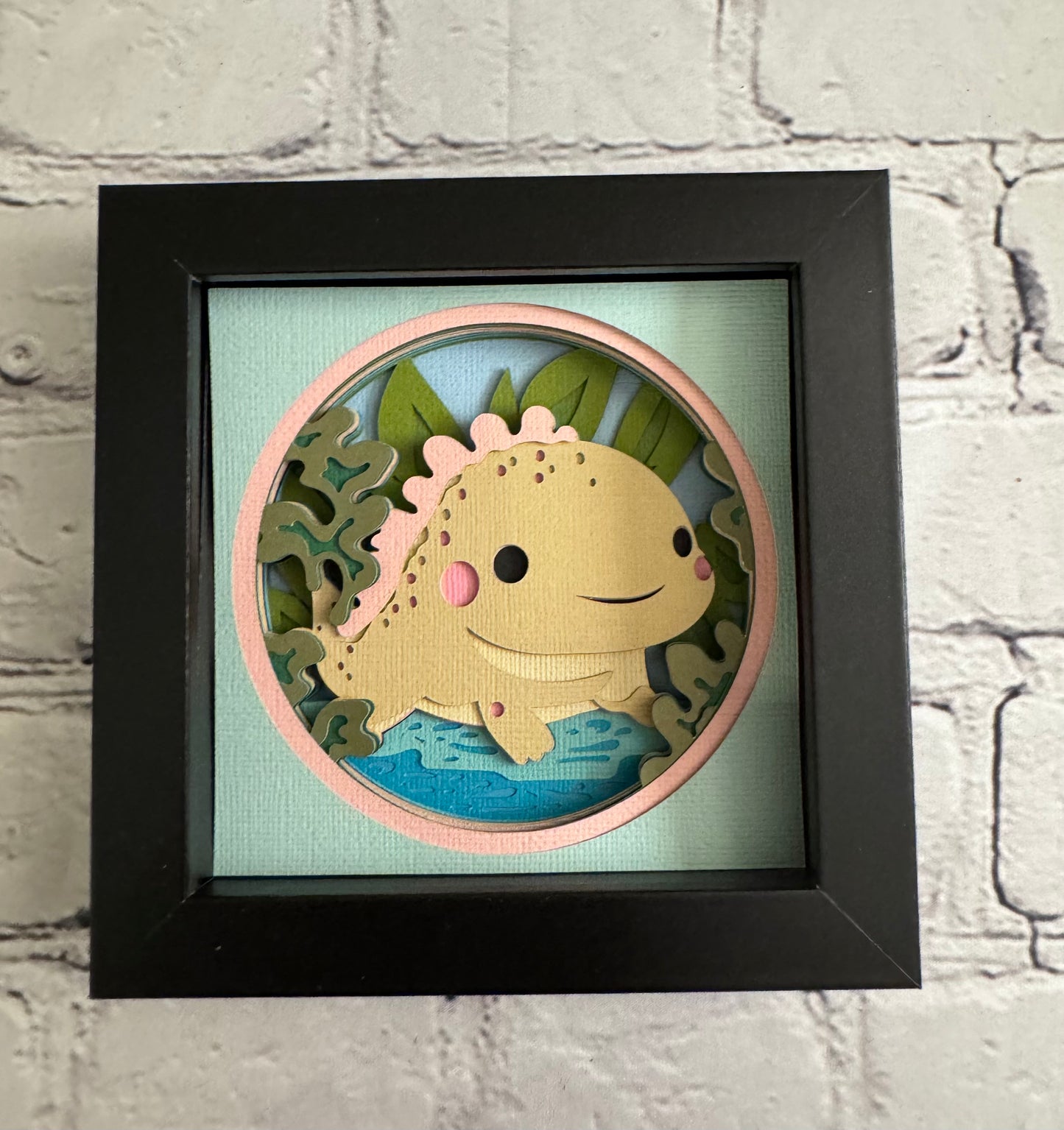 Axolotol mini 3D paper art in a shadowbox