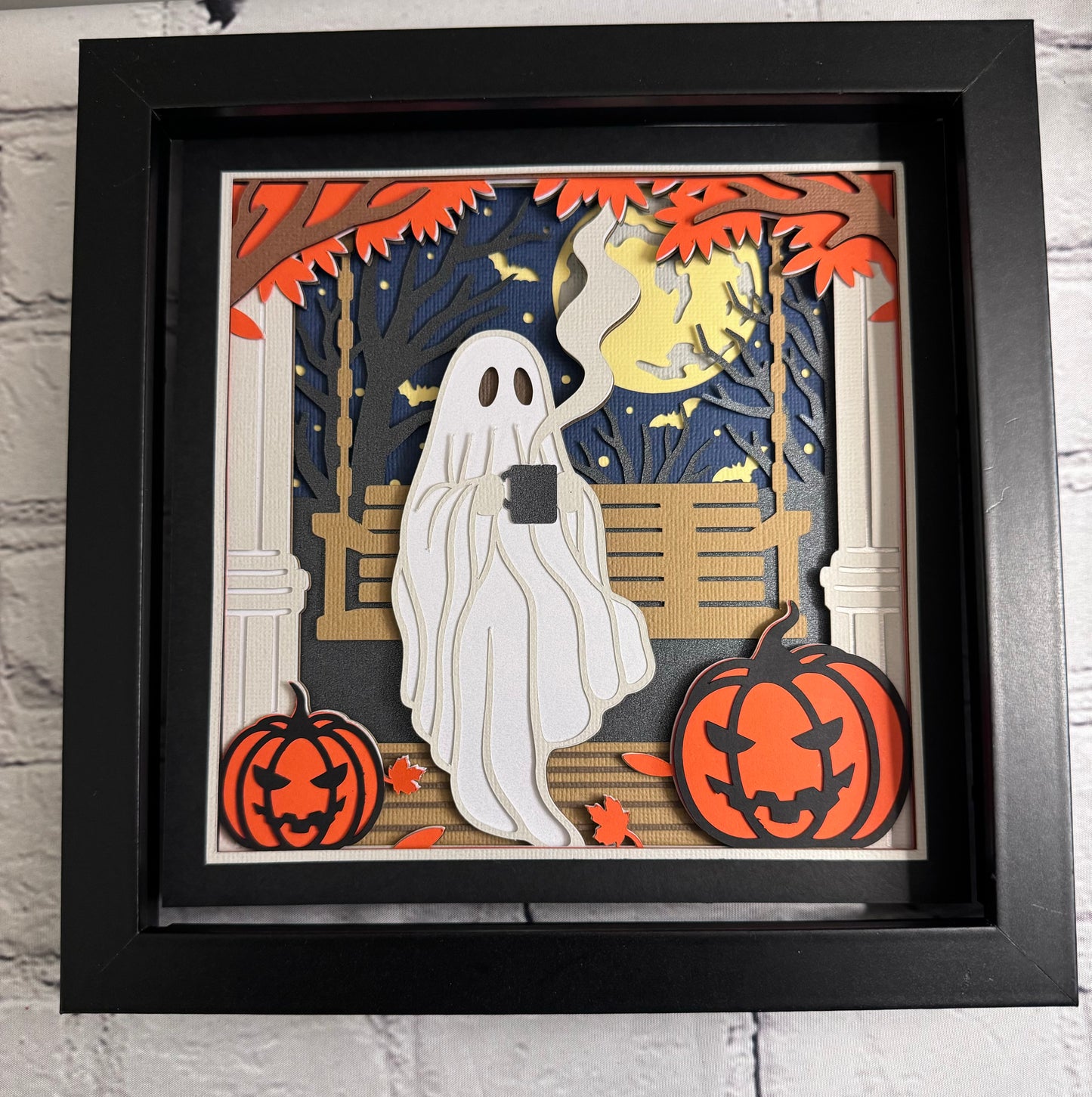 Ghost with coffee on swing 3D paper art shadowbox