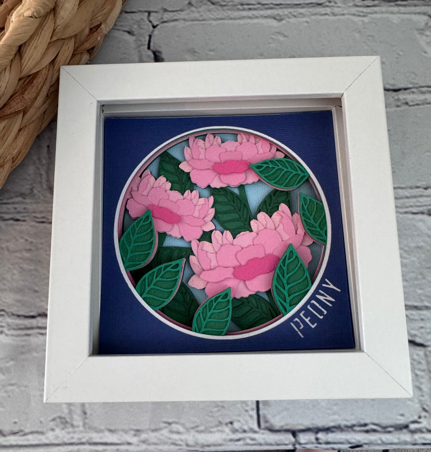 Peony mini 3D paper art in a shadowbox