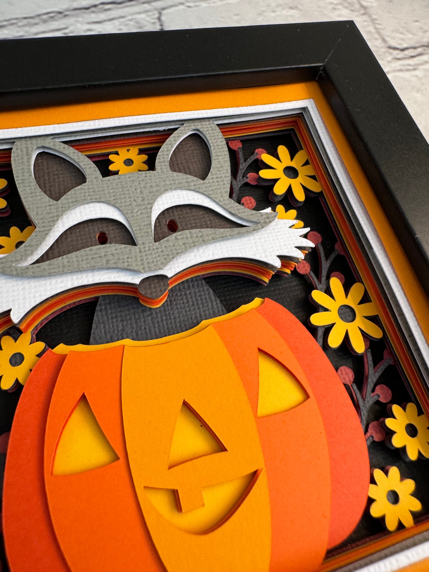 Fall raccoon in a pumpkin mini 3D paper art in a shadowbox