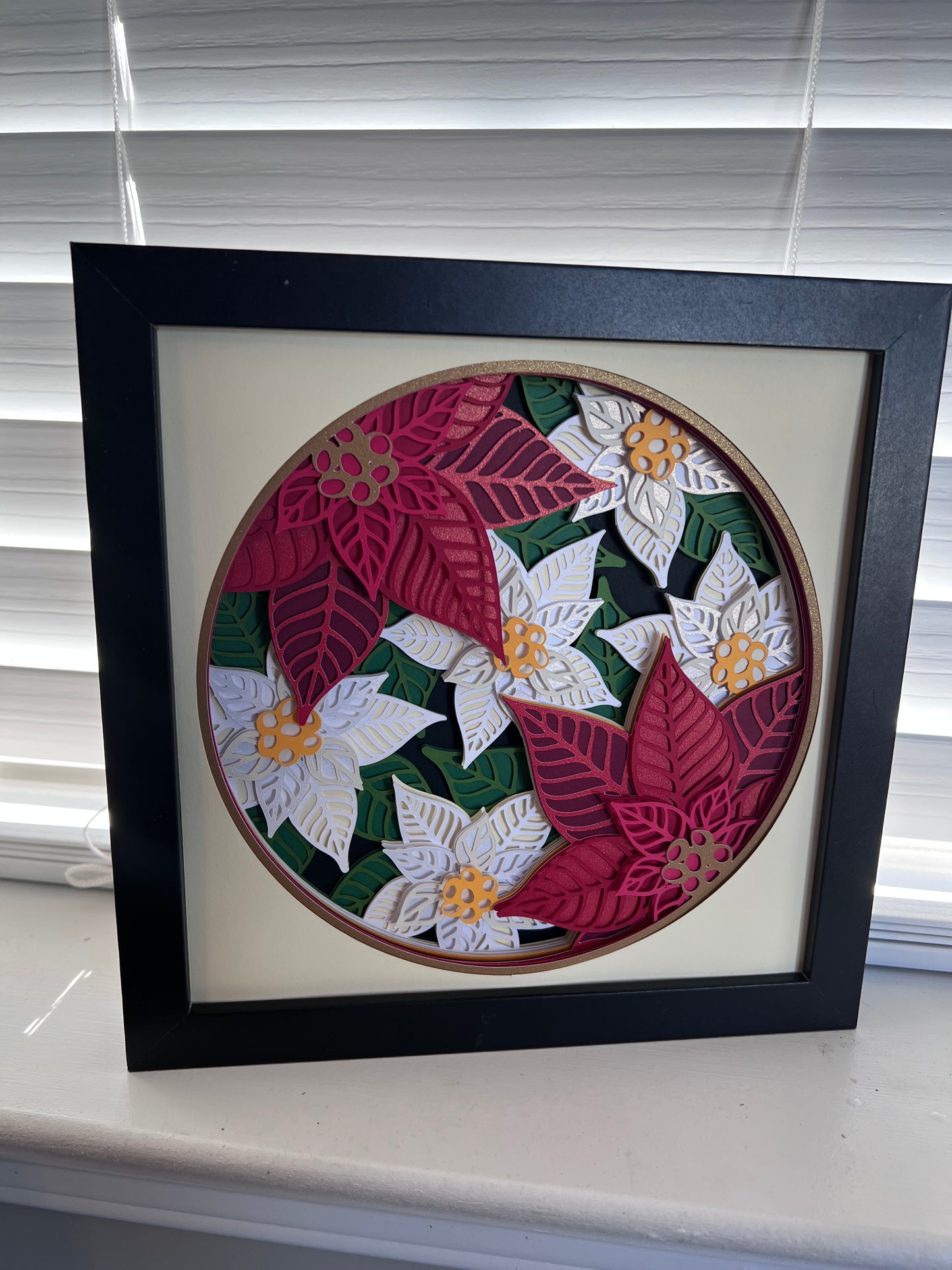 Poinsettia 3D paper art in a shadowbox