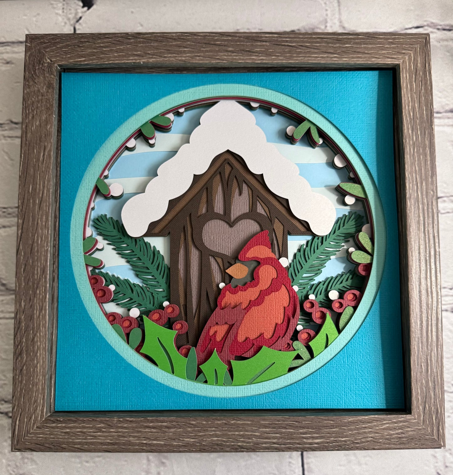 Cardinal with snowy birdhouse 3D paper art shadowbox