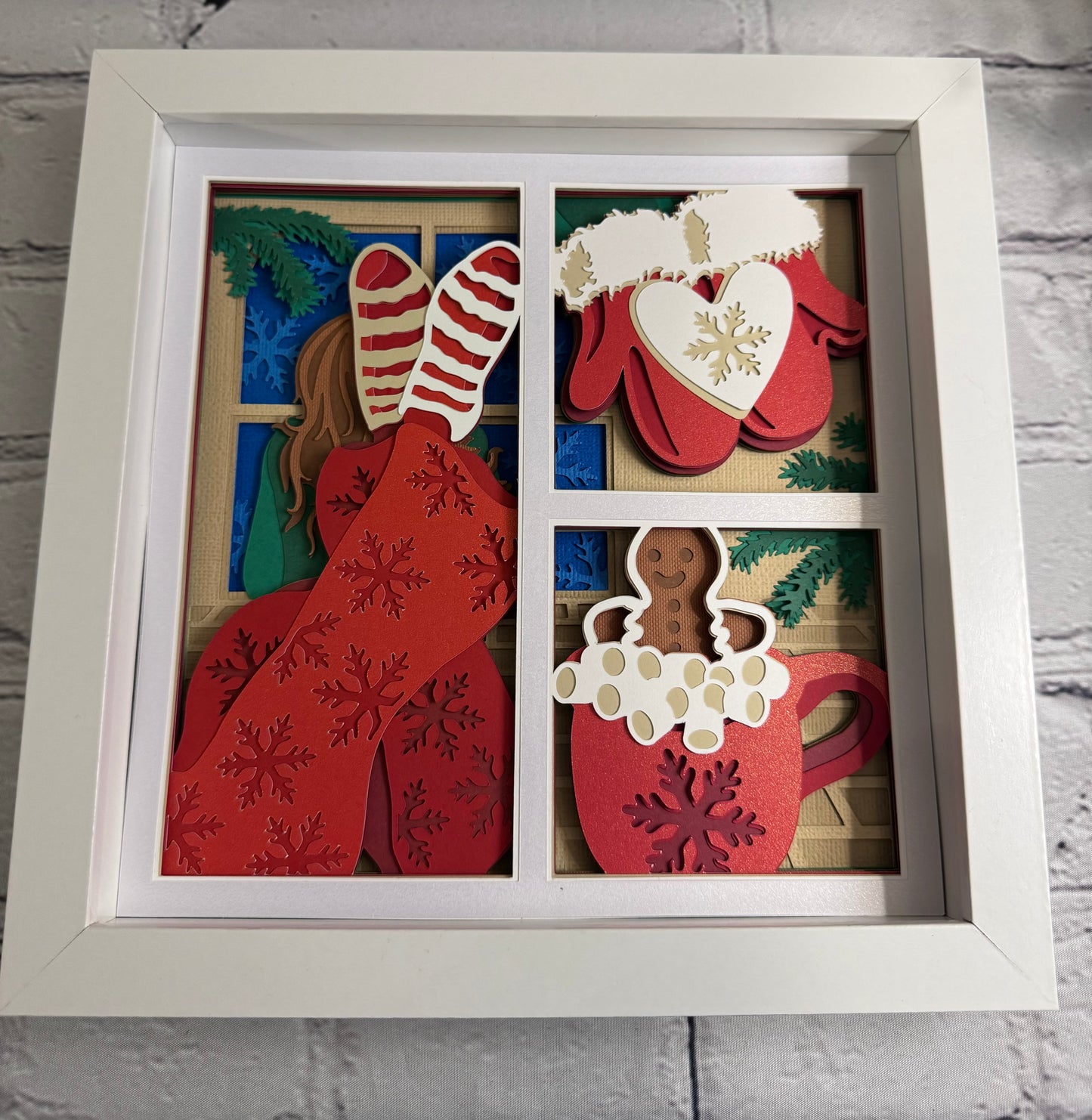 Lounging girl with hot cocoa 3D paper art shadowbox