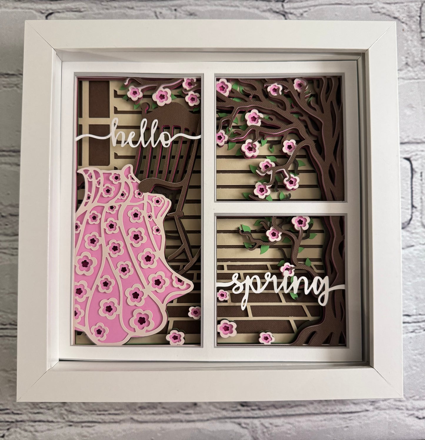 Spring porch scene with blanket 3D paper art in a shadowbox