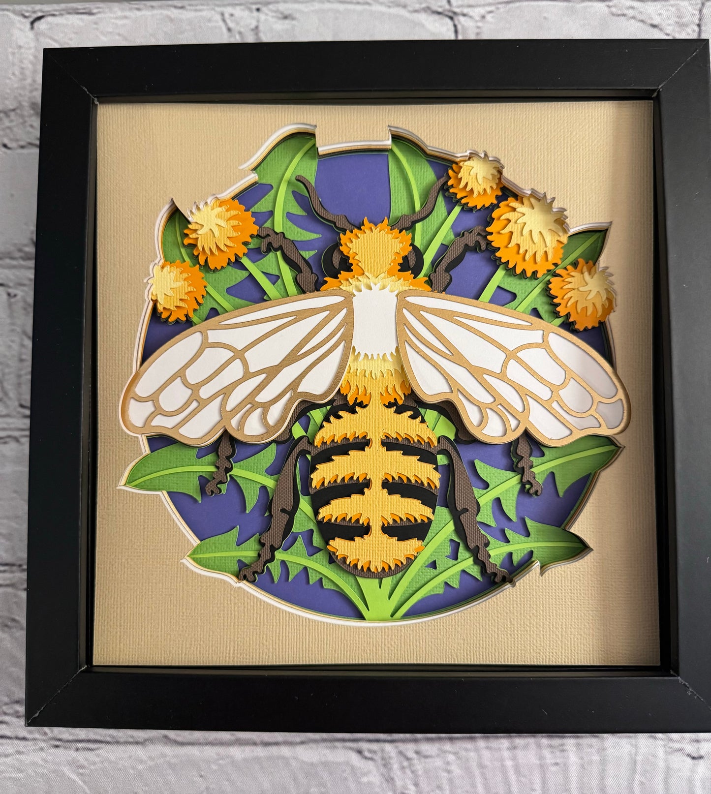 Bee scene large bee 3D paper art in a shadowbox