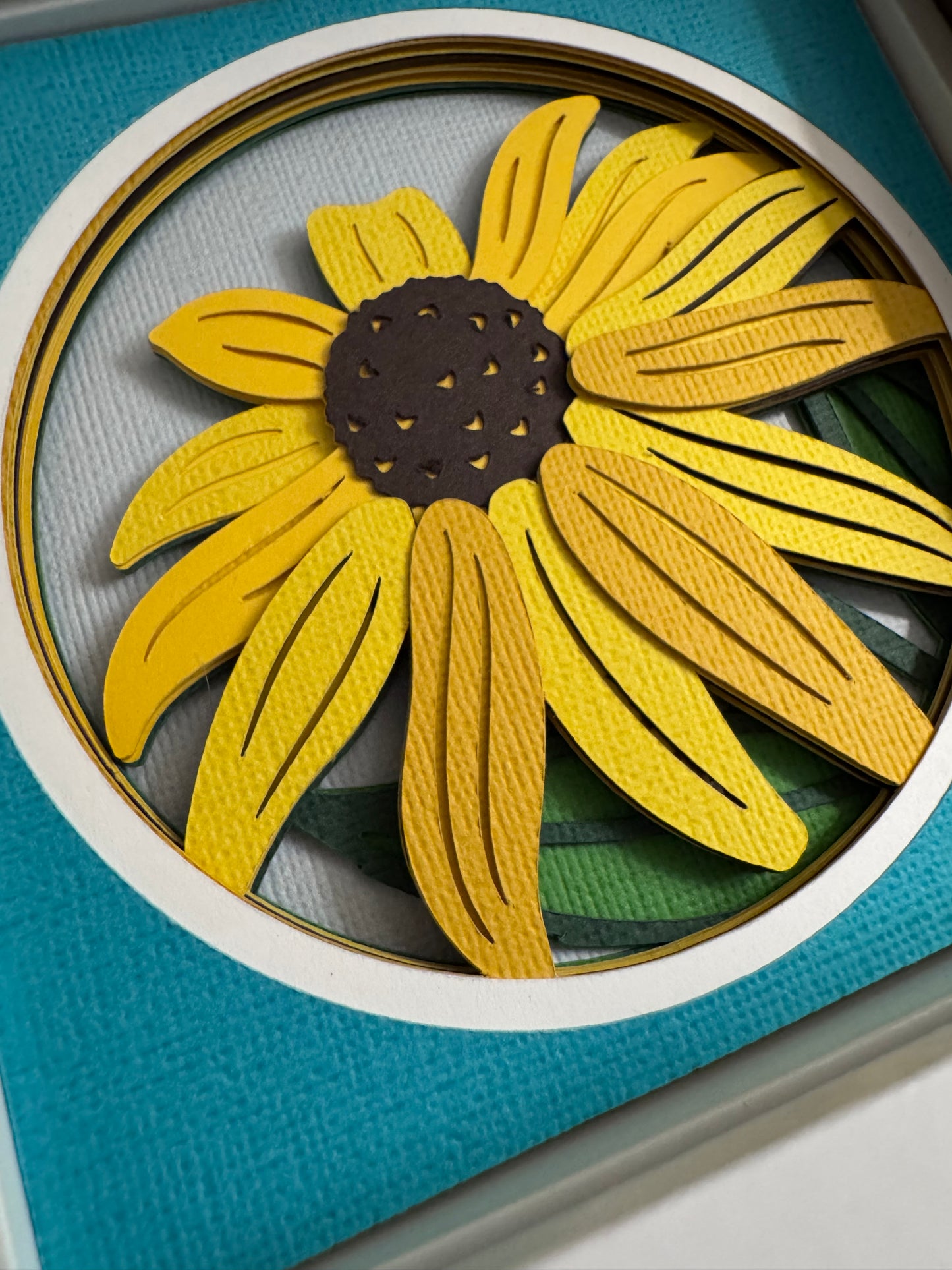Black-eyed Susan close up mini 3D paper art in a shadowbox