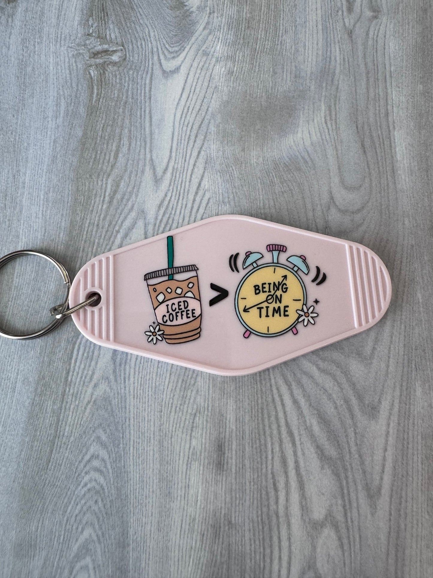 Iced coffee is better than being on time retro motel keychain