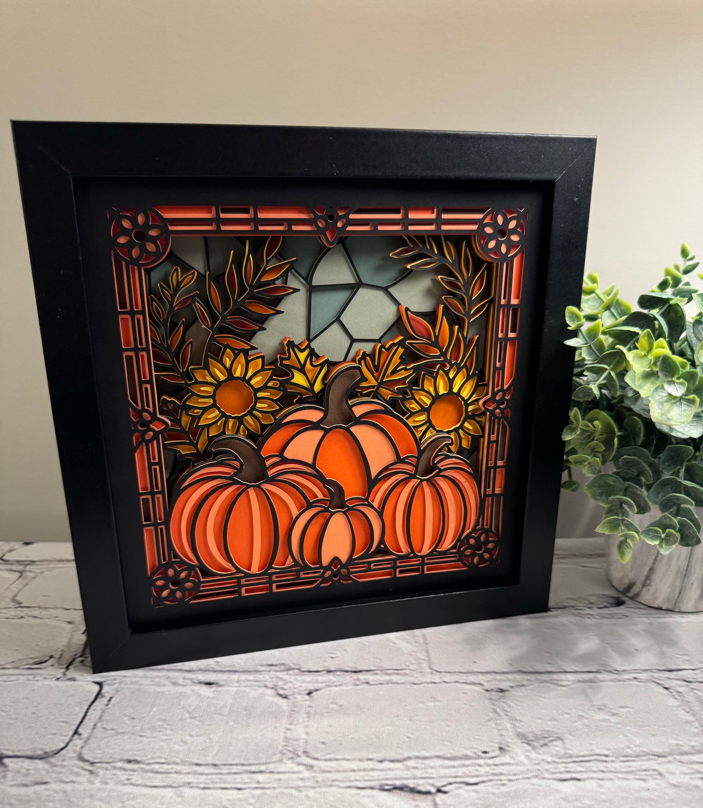 Stained glass pumpkin 3D paper art shadowbox