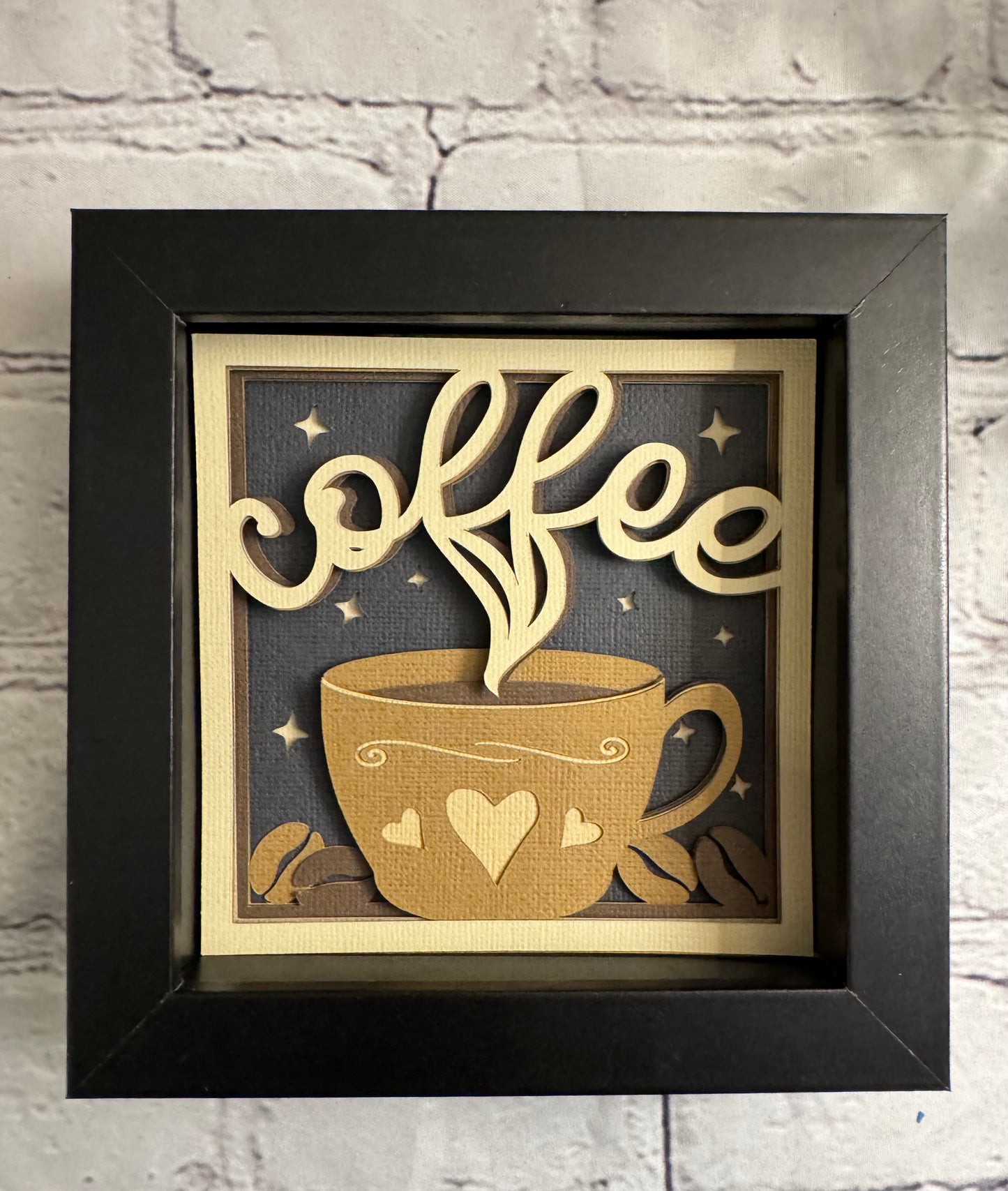 Coffee cup with hearts mini 3D paper art in a shadowbox