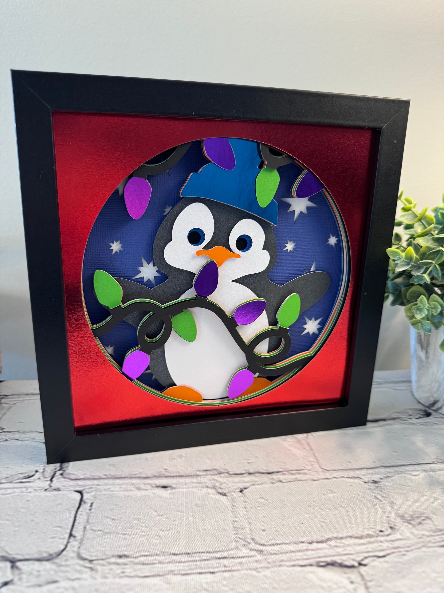 Penguin with Christmas lights 3D paper art shadowbox