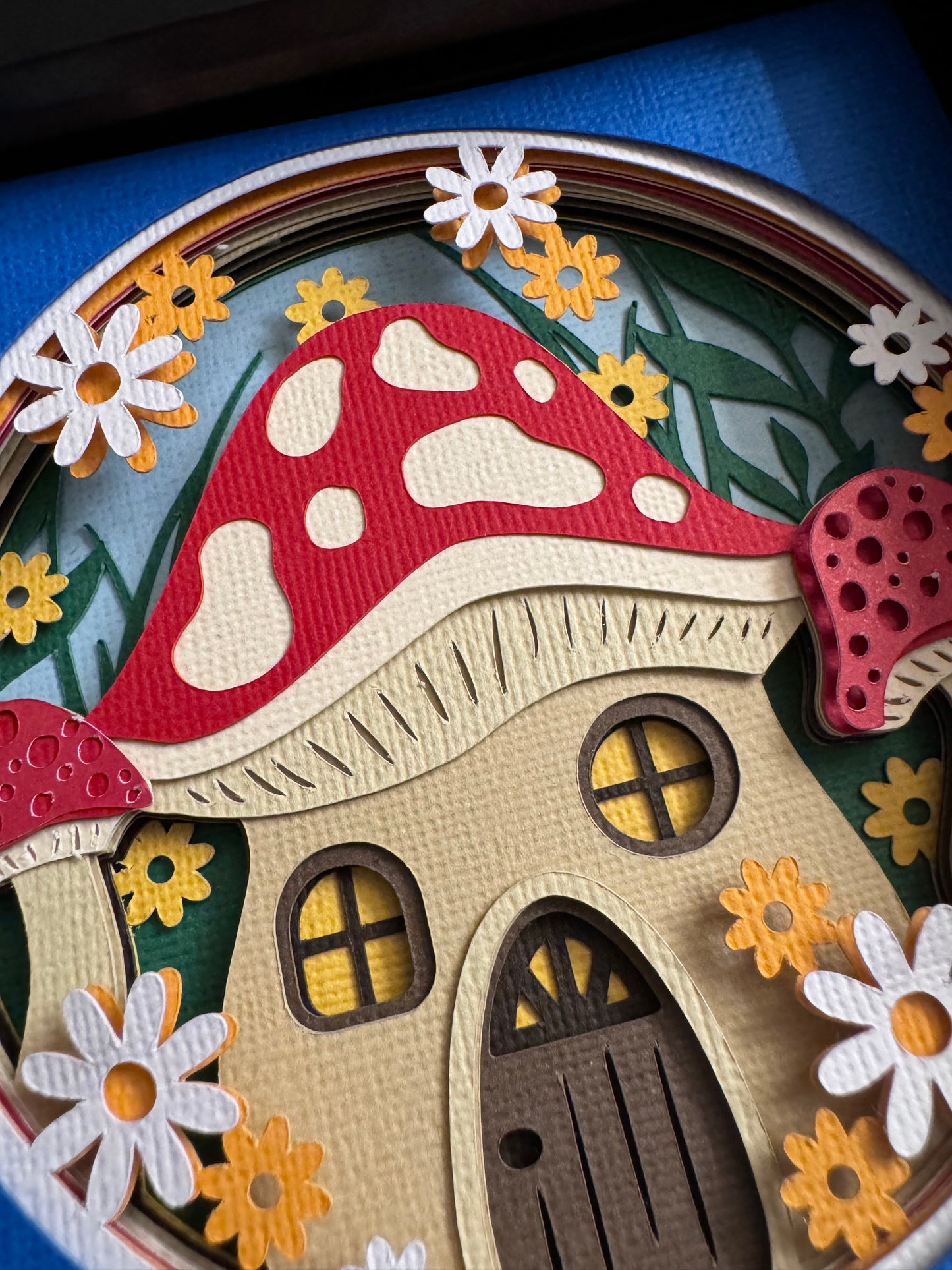 Mushroom house mini 3D paper art in a shadowbox